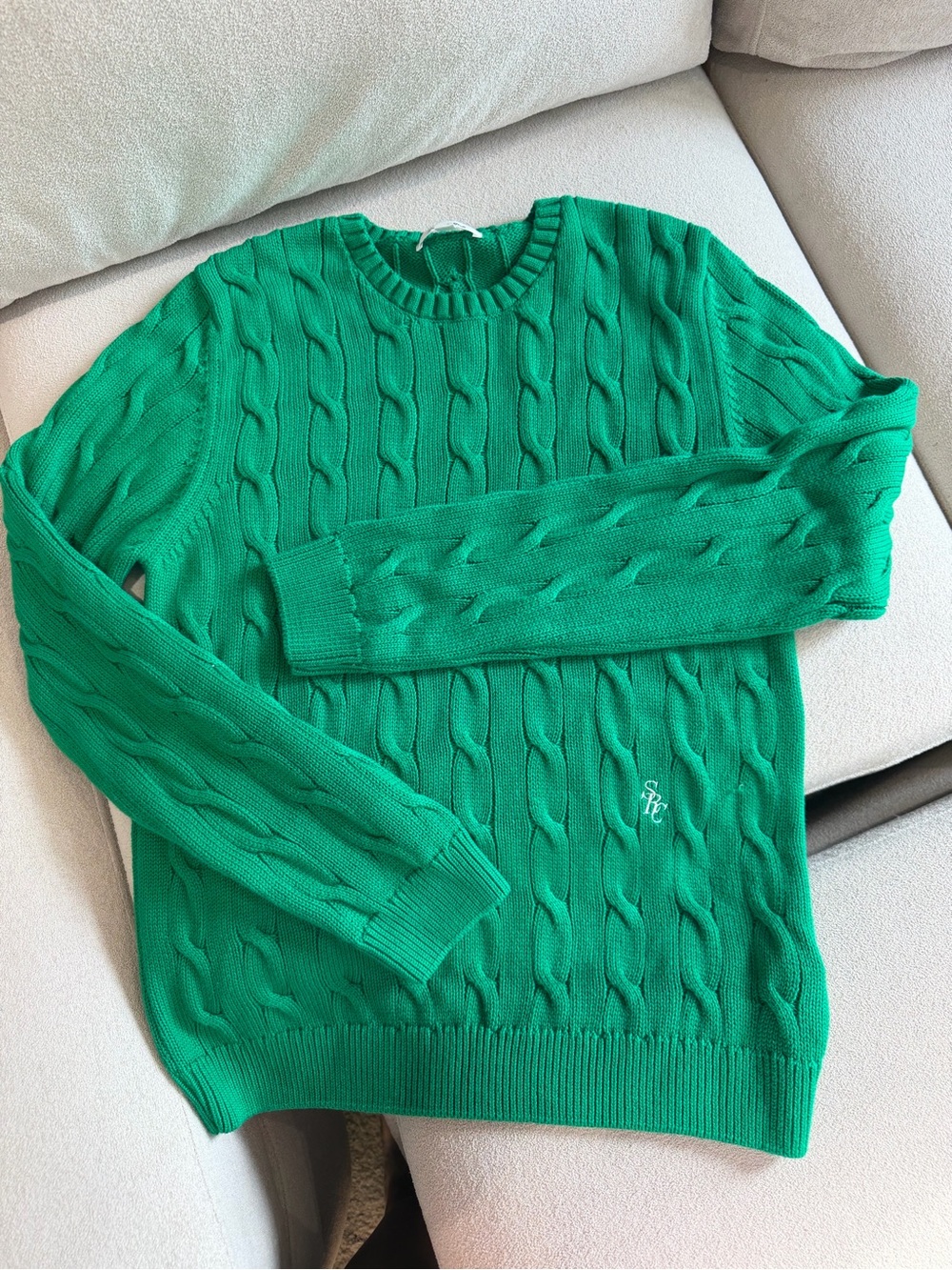 Sporty & Rich Emerald Cable-Knit Crewneck Sweater